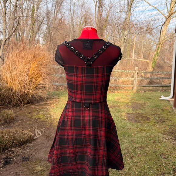 Killstar Red Plaid Mesh & Faux Leather Strap Skater Dress - Picture 8 of 13